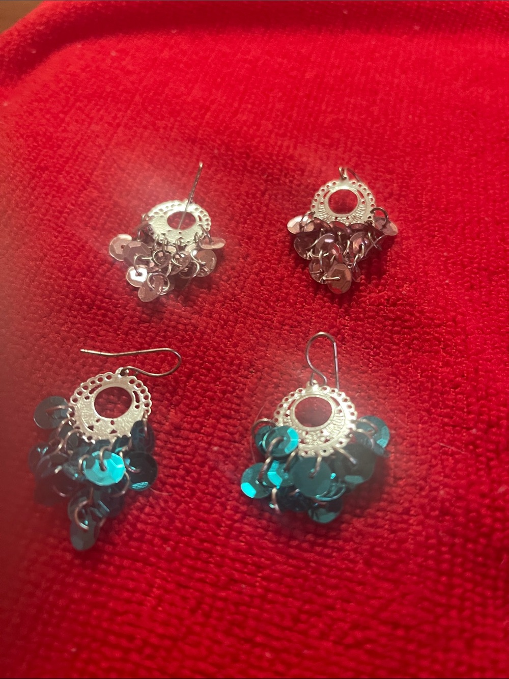 Source Unknown Silver Hoop Earrings with Teal and Pink Sequins